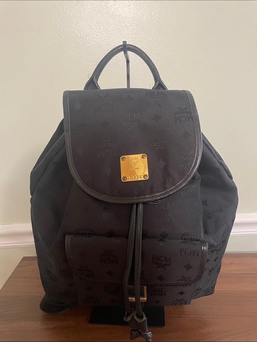 Vintage MCM Black Monogram Nylon Backpack with Gold Plaque Accent
